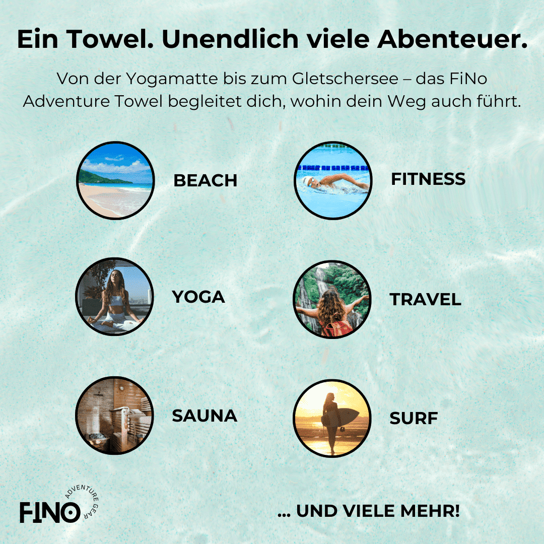 Verschiedene Einsatzbereiche des FiNo Adventure Towel Handtuchs – Strand, Yoga, Sauna, Fitness, Reisen, Surfing