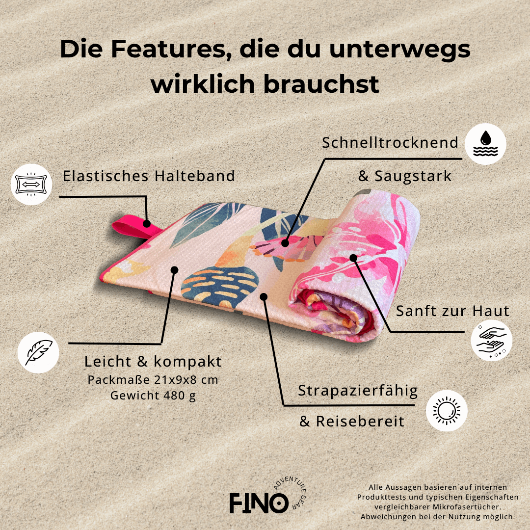 Leichtes & saugfähiges Mikrofaser-Reisehandtuch von FiNo Adventure Gear – kompakt, schnelltrocknend, strapazierfähig und reisebereit mit elastischem Halteband