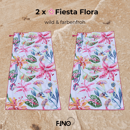 Zwei FiNo Mikrofaser-Reisehandtücher im Design „Fiesta Flora“ – ideal für Strand & Reisen
