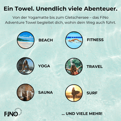 Verschiedene Einsatzbereiche des FiNo Adventure Towel Handtuchs – Strand, Yoga, Sauna, Fitness, Reisen, Surfing