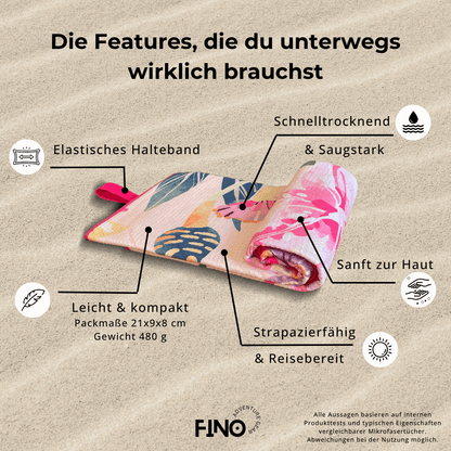 Leichtes & saugfähiges Mikrofaser-Reisehandtuch von FiNo Adventure Gear – kompakt, schnelltrocknend, strapazierfähig und reisebereit mit elastischem Halteband